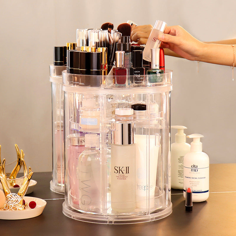 Organisation de produits maquillage avec étagère rotative transparente